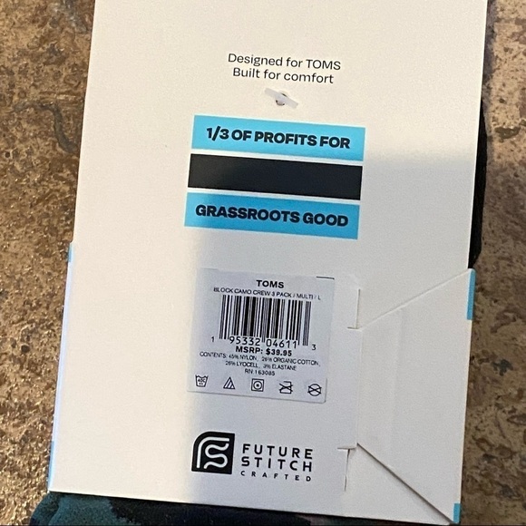 NWT~TOMS 3 Assorted Crew Socks Size Large-Unisex - Picture 5 of 5